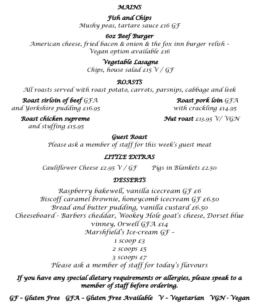 Sunday Menu The Fox Inn Corfe Castle