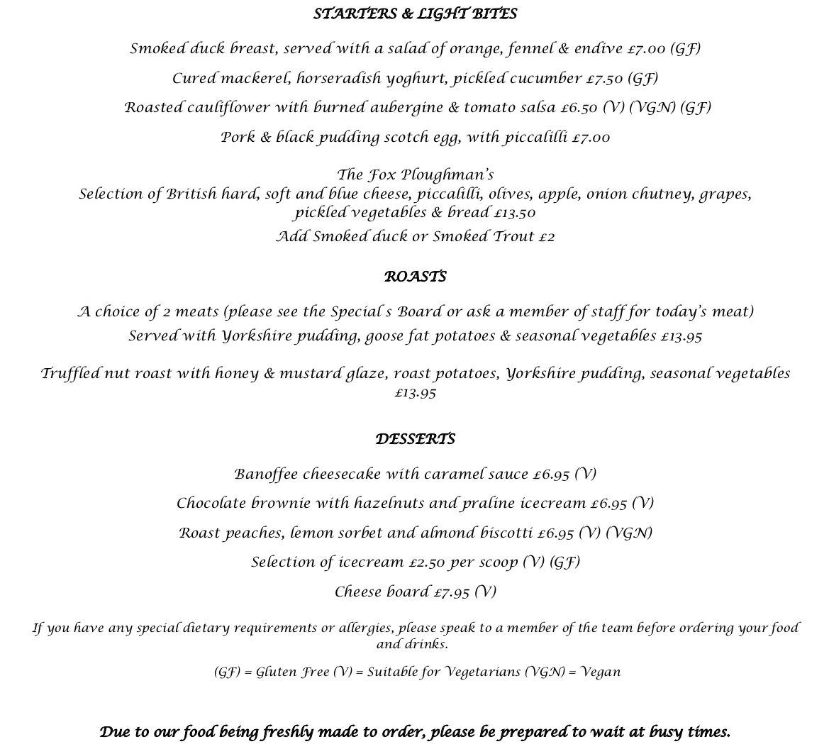 Sunday Menu The Fox Inn Corfe Castle
