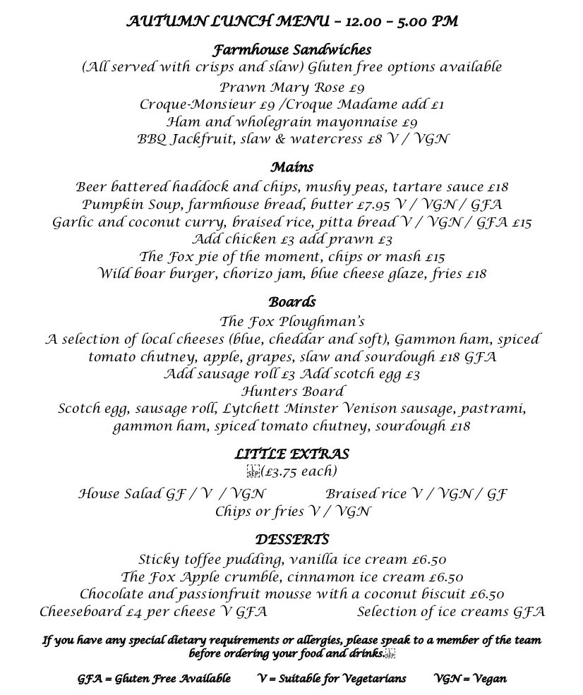 Menu | The Fox Inn Corfe Castle