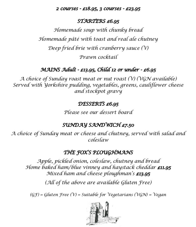 Menu The Fox Inn Corfe Castle
